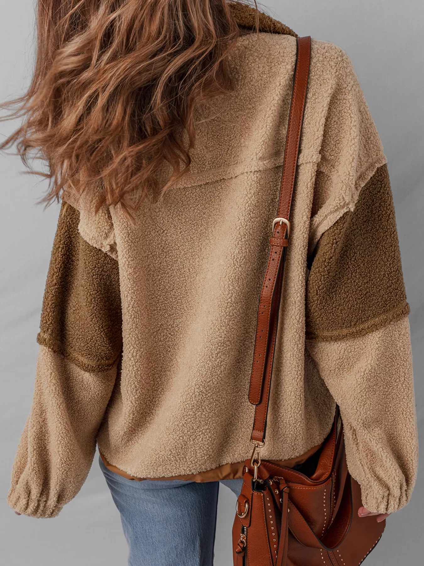 Color Block Patchwork Half Button Sherpa Sweatshirt - Image 2