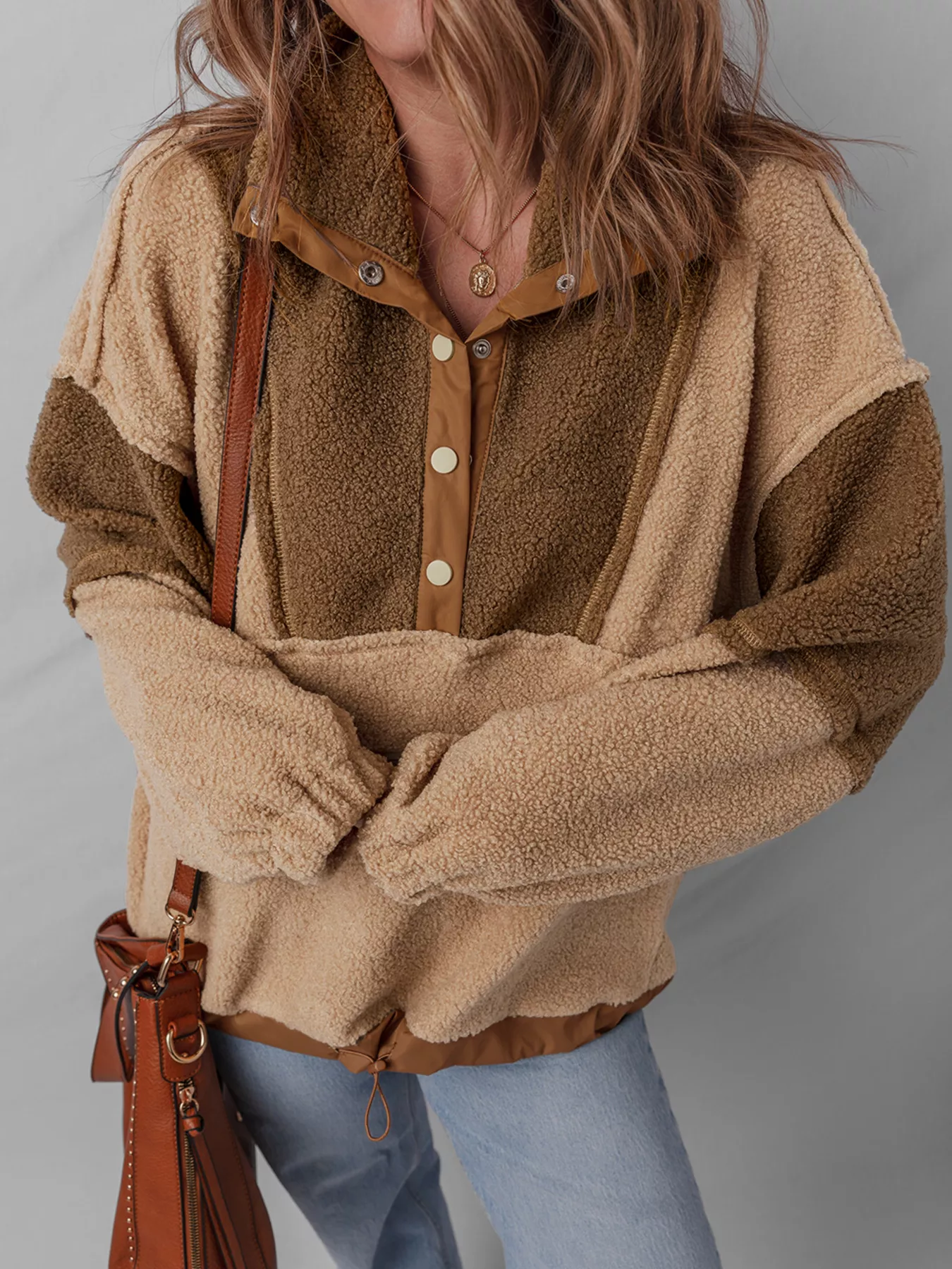 Color Block Patchwork Half Button Sherpa Sweatshirt - Image 3
