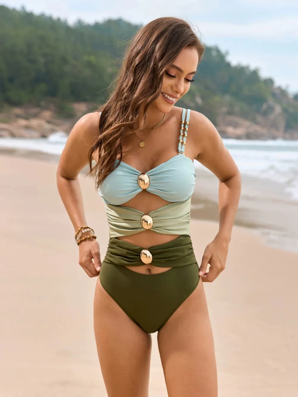 Color Block Sweetheart Neck One-Piece Swimwear - Image 2