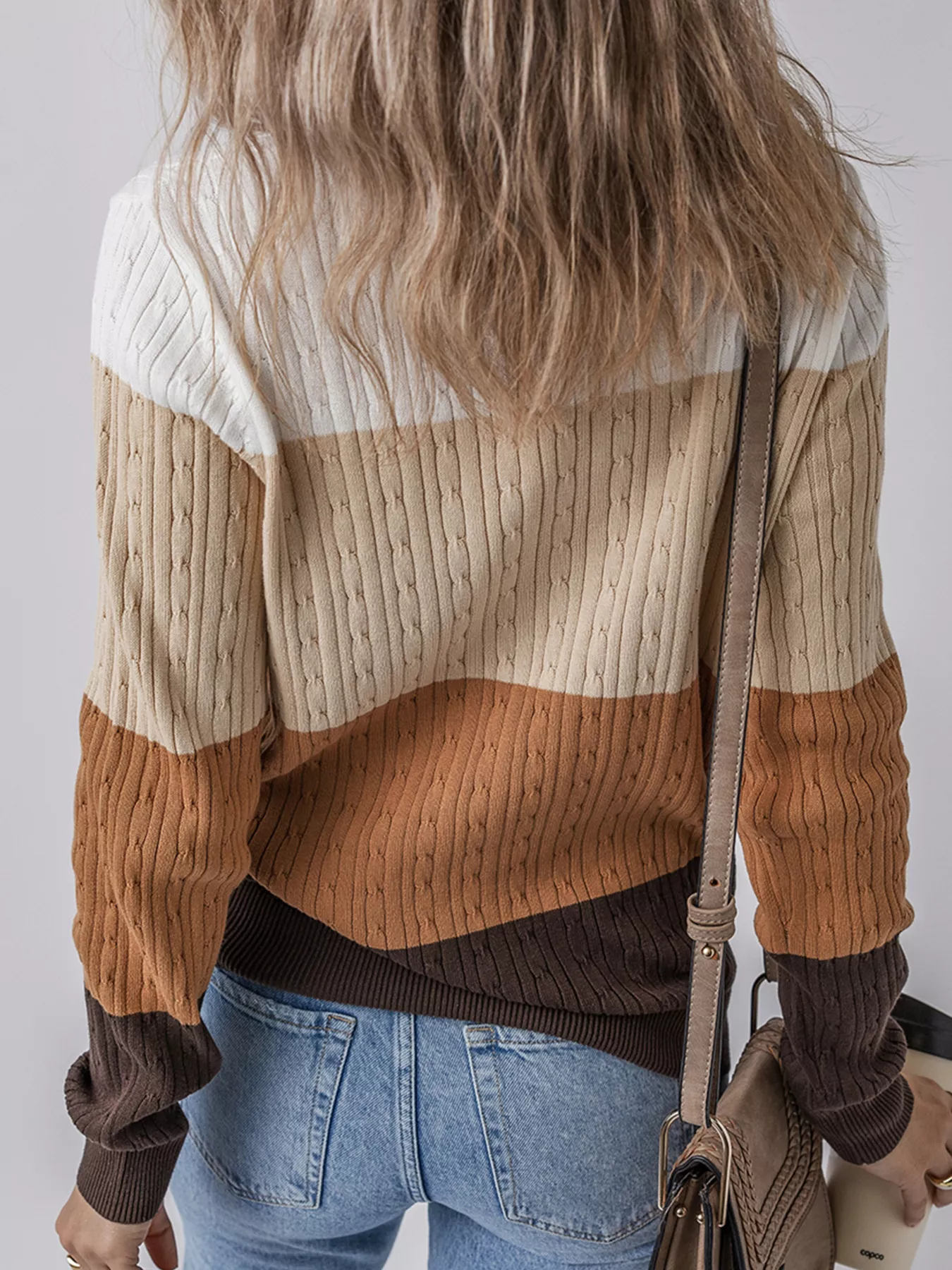 Colorblock Cable Knit Round Neck Sweater - Image 2