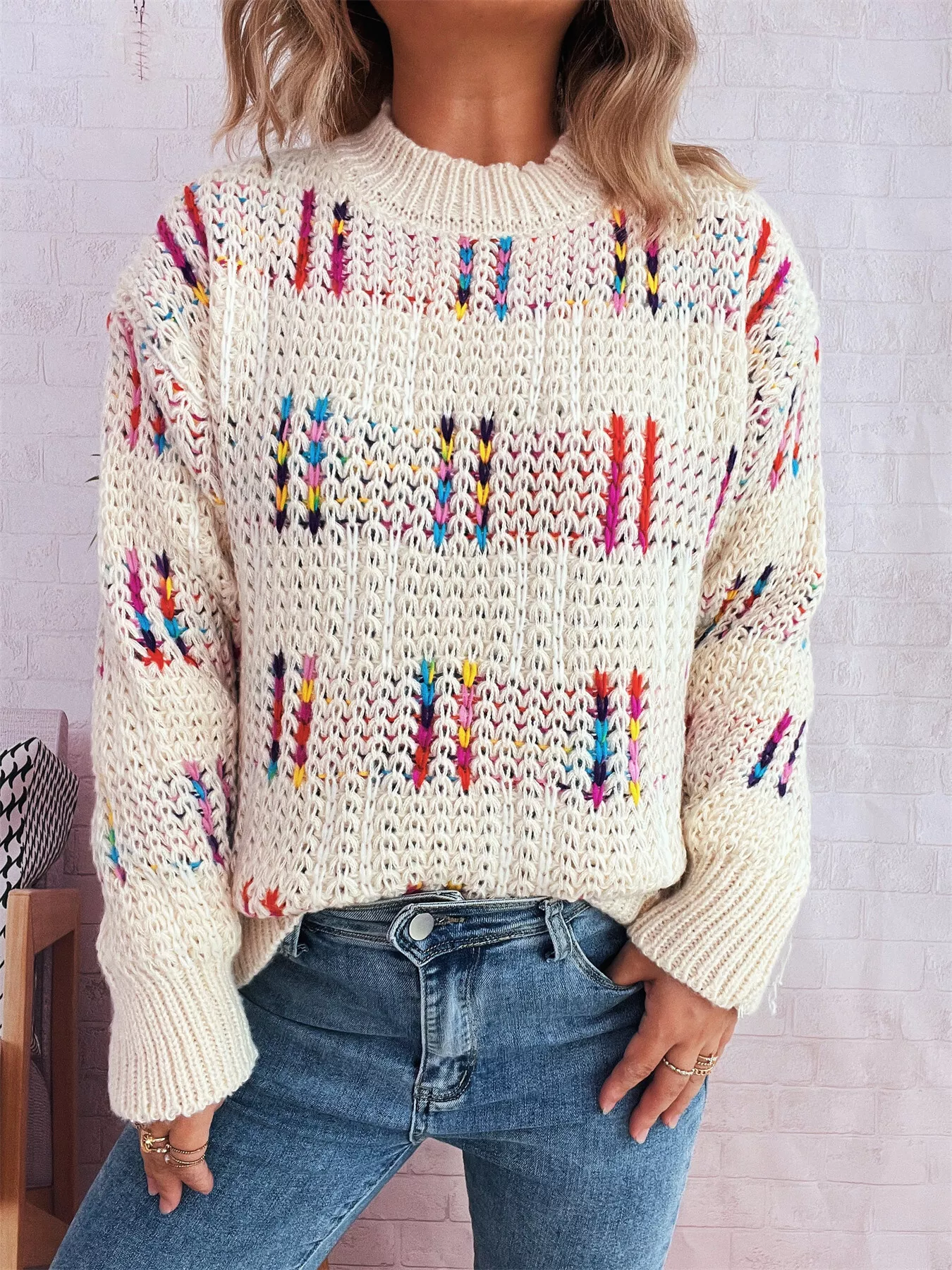 Colorful Round Neck Long Sleeve Sweater - Image 4