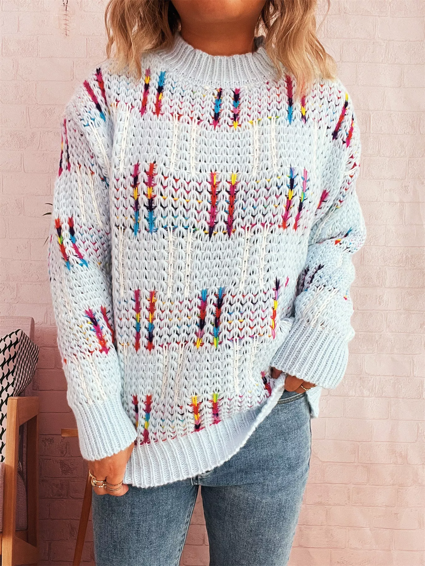 Colorful Round Neck Long Sleeve Sweater - Image 9