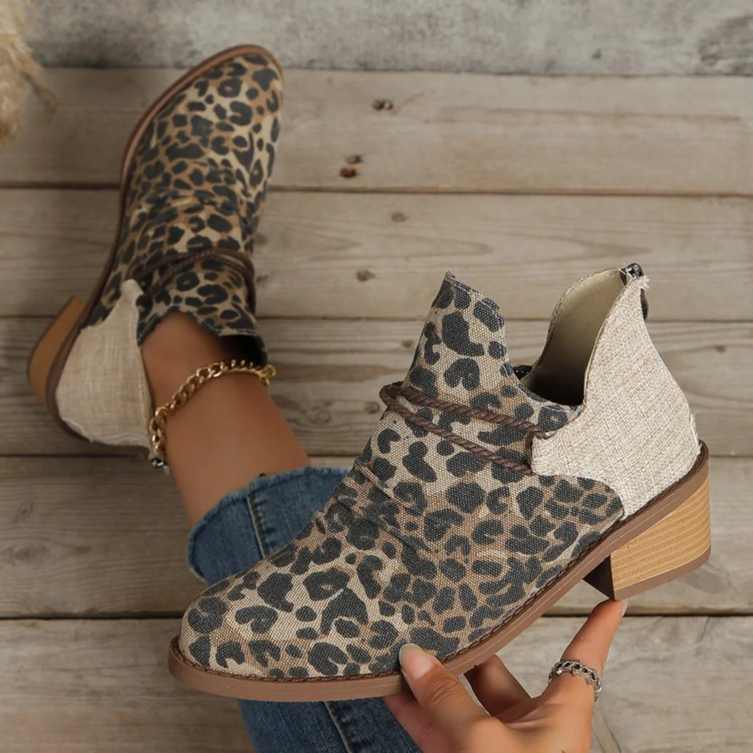 Contrast Canvas Low Heel Boots - Image 4