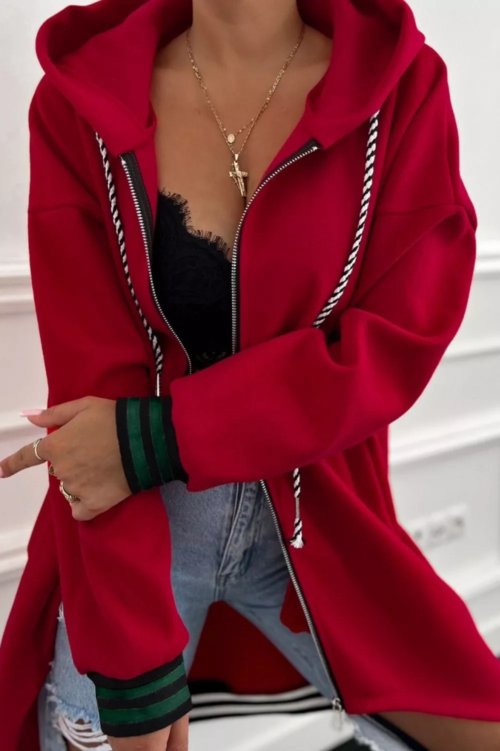 Contrast Cuffed Drop Shoulder Zip Up Hoodie - Image 2