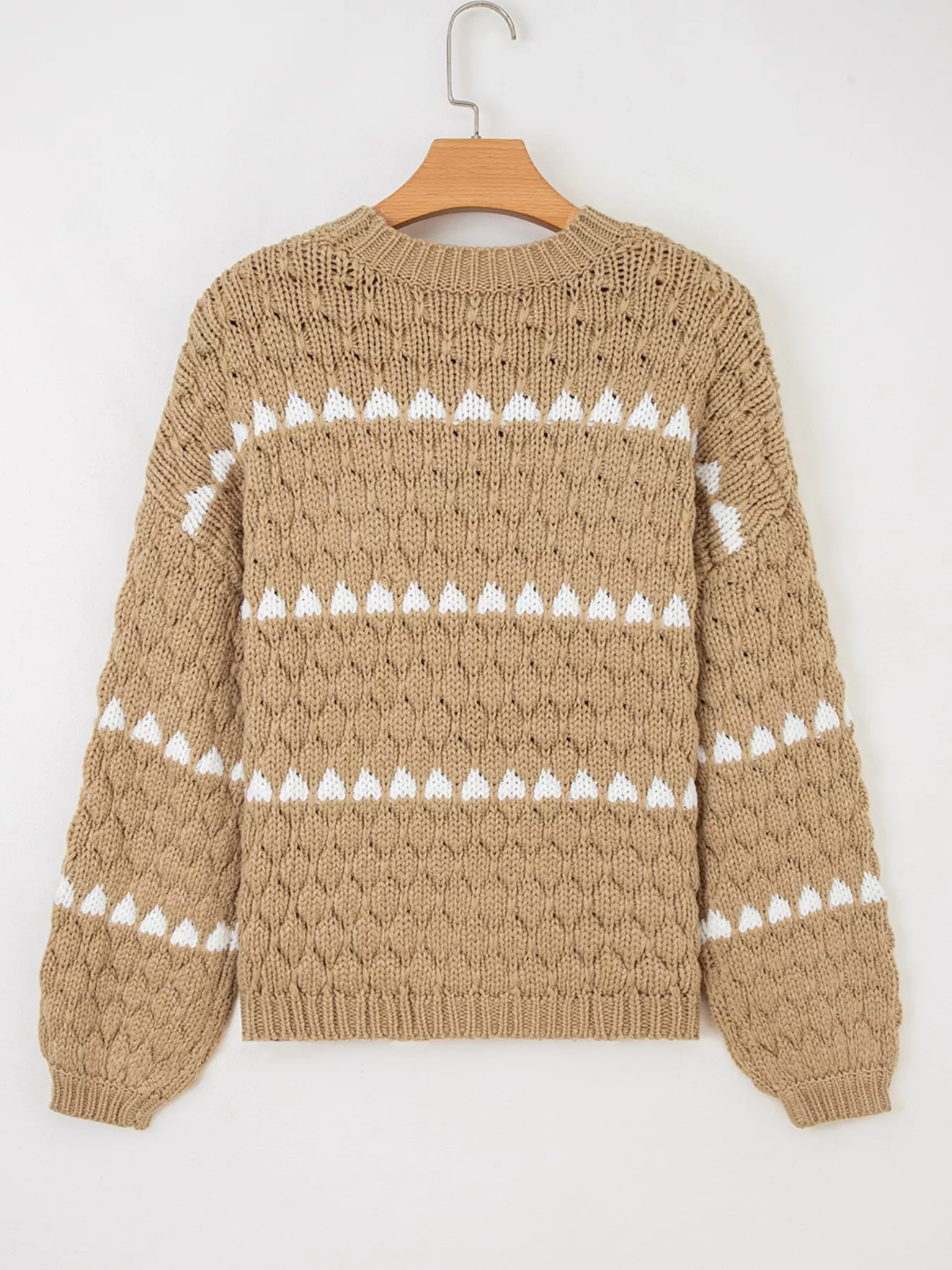 Contrast Detail Textured Knit Puff Sleeve Baggy Sweater - Image 5