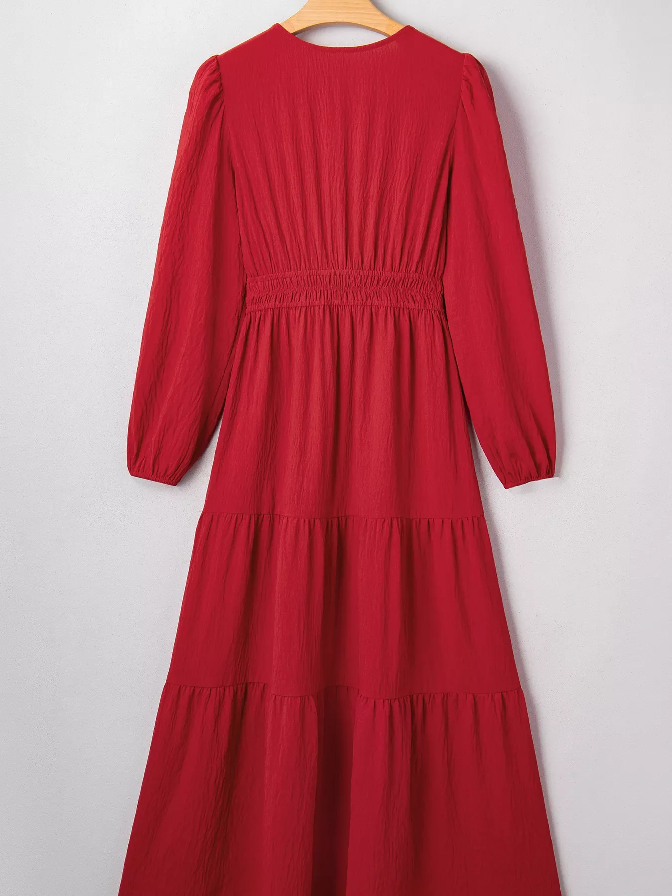 Contrast Embroidered Detail Cinched Waist Tiered Long Sleeve Maxi Dress - Image 4