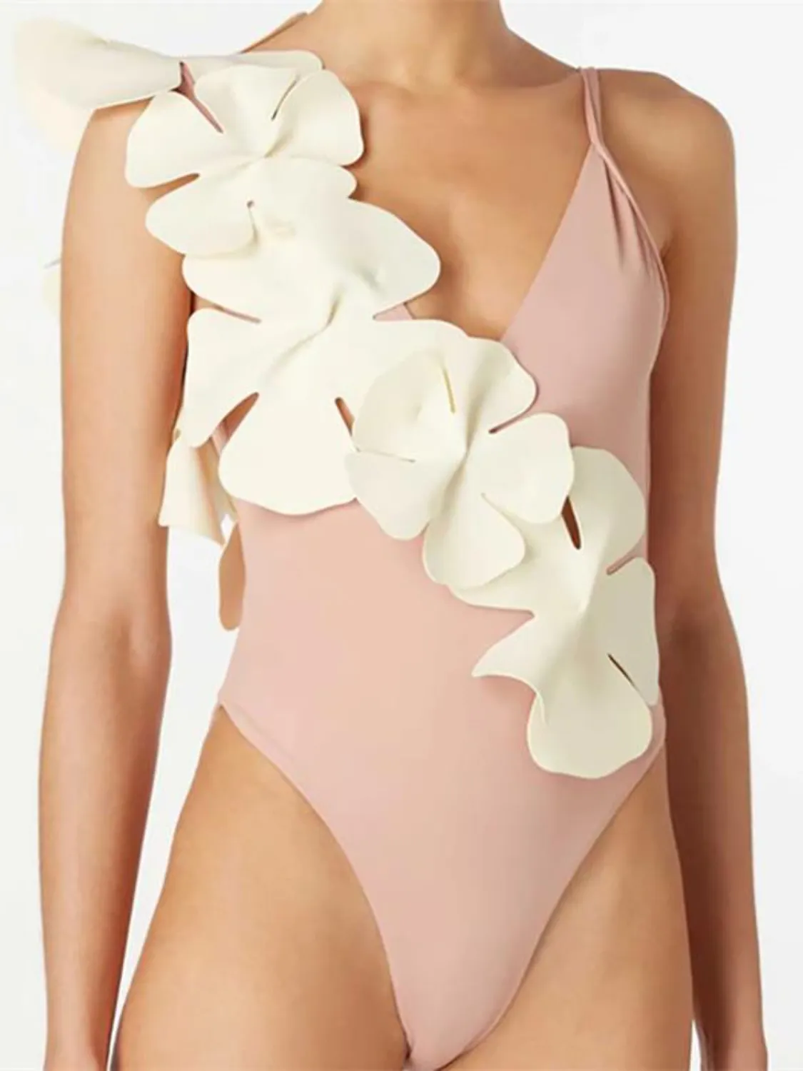 Contrast Flower Spaghetti Strap One-Piece Swimwear - Image 4