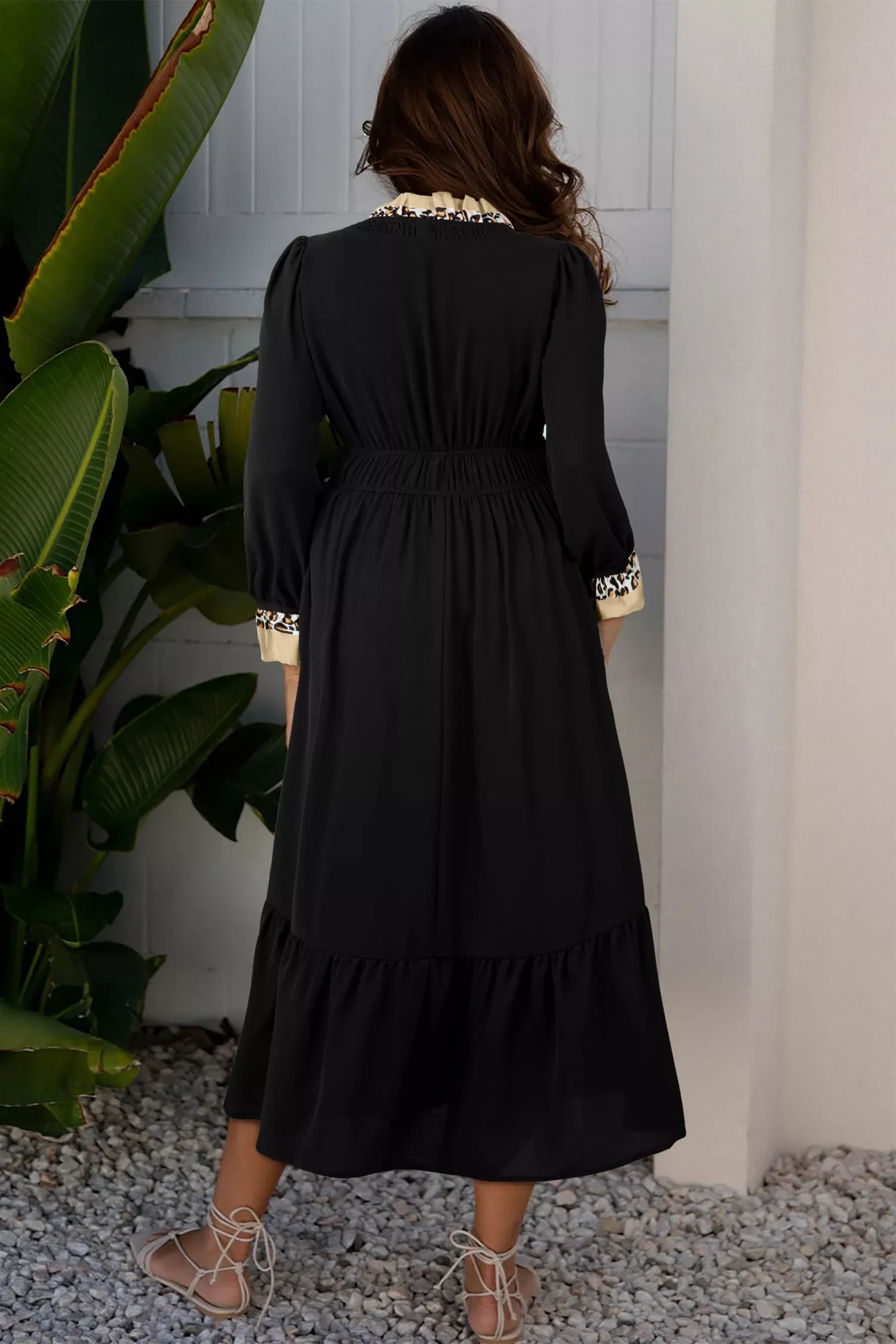 Contrast Leopard Frilled Trim V Neck Bracelet Sleeve Midi Dress - Image 2