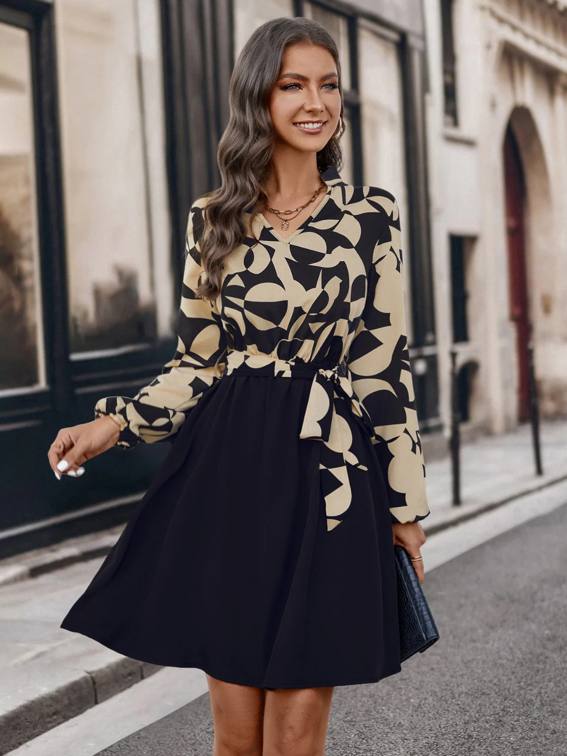 Contrast Notched Tie Front Long Sleeve Dress - Image 5