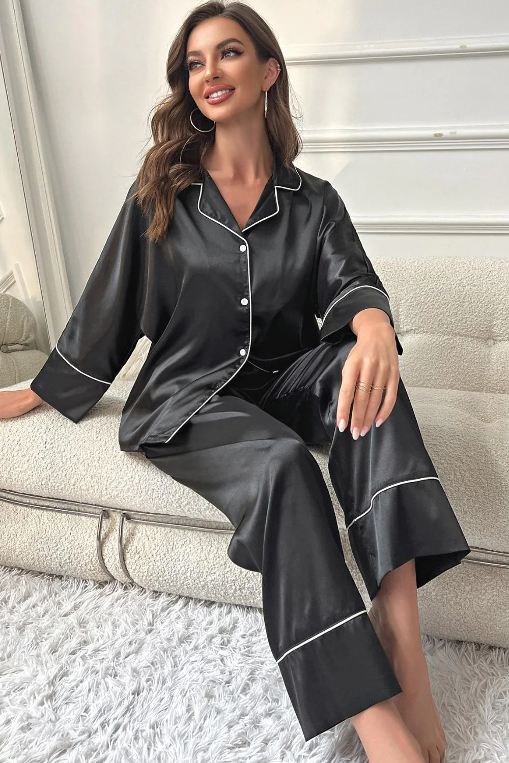 Contrast Piping Button-Up Top and Pants Pajama Set - Image 5