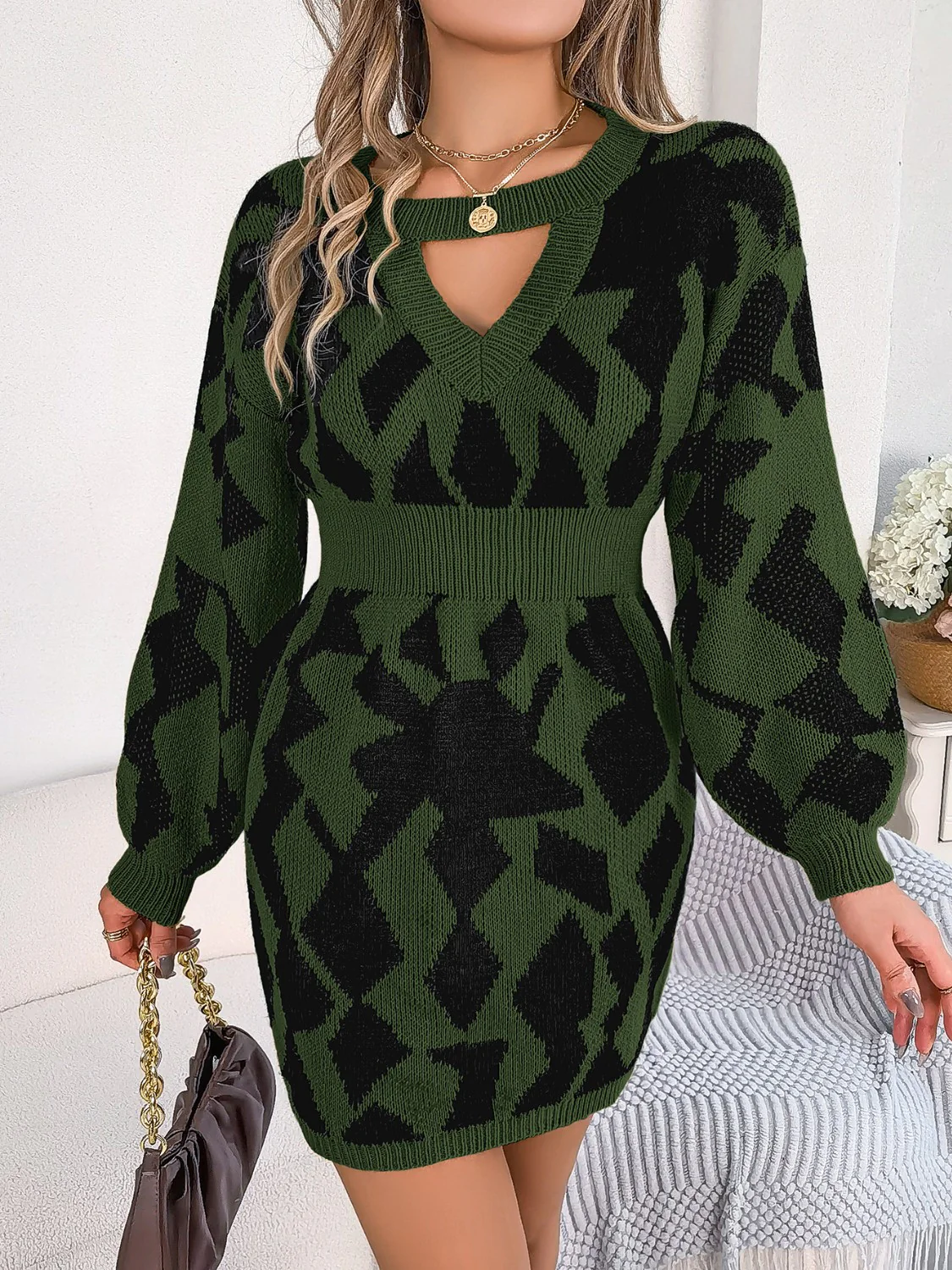 Contrast Round Neck Cutout Long Sleeve Mini Sweater Dress - Image 11