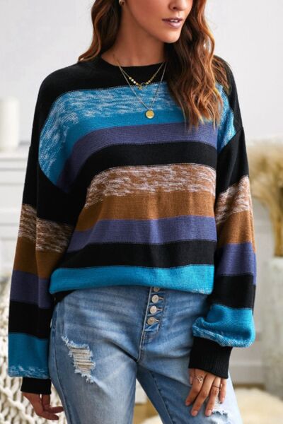 Contrast Striped Round Neck Drop Shoulder Sweater - Image 2