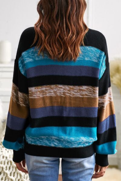 Contrast Striped Round Neck Drop Shoulder Sweater - Image 3