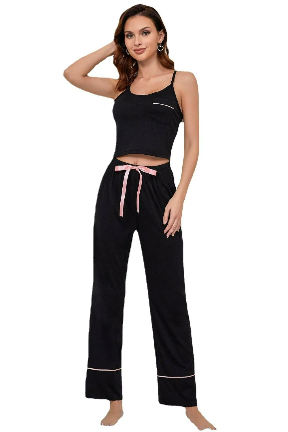 Contrast Trim Cropped Cami and Pants Loungewear Set - Image 3