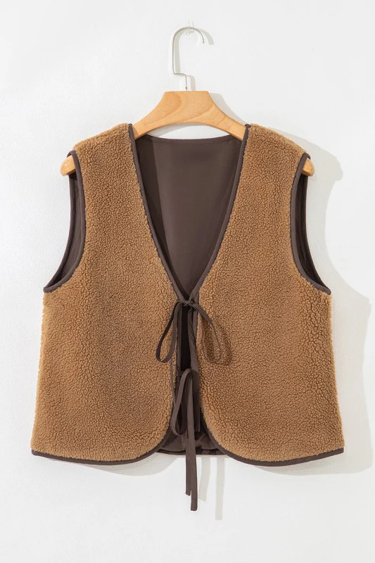 Contrast Trim Sherpa Tie-Front Vest - Image 6