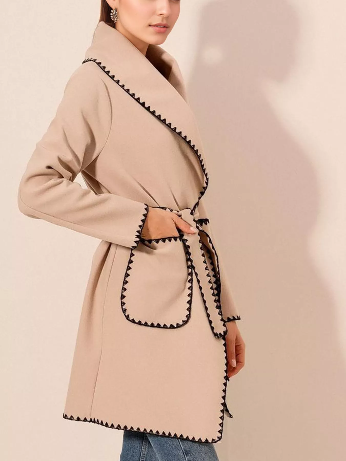 Contrast Trim Tie Waist Outerwear - Image 2