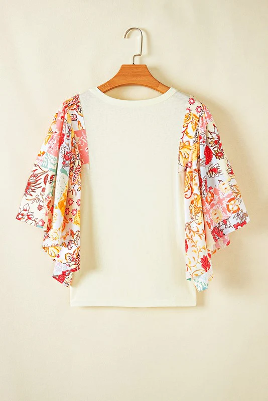 Cotton Beige Floral Patchwork Angel Sleeve Blouse - Image 8