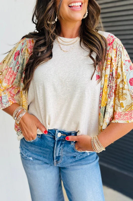 Cotton Beige Floral Patchwork Batwing Blouse