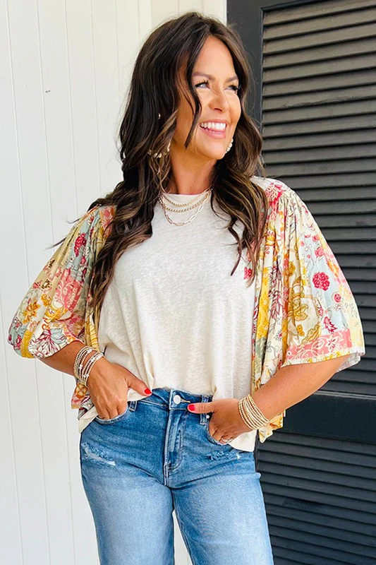 Cotton Beige Floral Patchwork Batwing Blouse - Image 2