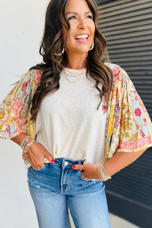 Cotton Beige Floral Patchwork Batwing Blouse - Image 3