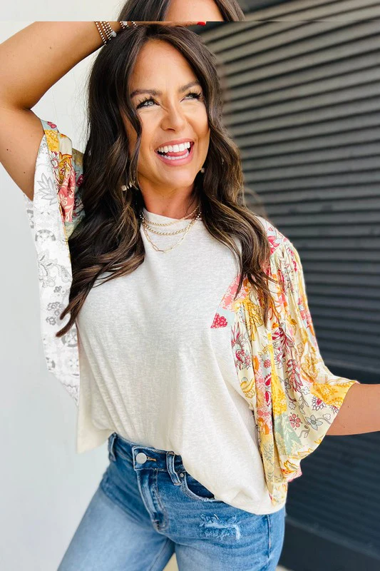 Cotton Beige Floral Patchwork Batwing Blouse - Image 4