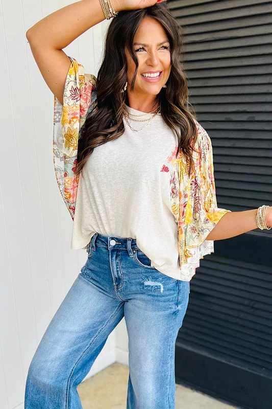 Cotton Beige Floral Patchwork Batwing Blouse - Image 6