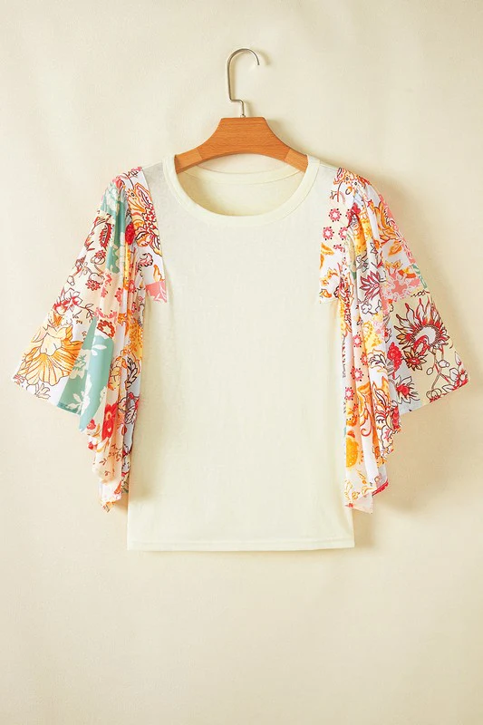 Cotton Beige Floral Patchwork Batwing Blouse - Image 7