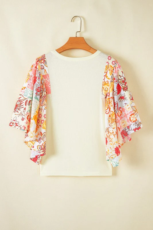 Cotton Beige Floral Patchwork Batwing Blouse - Image 8