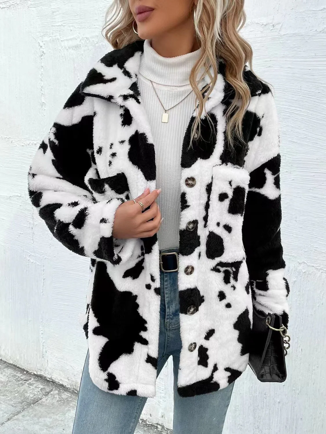 Cow Print Collared Neck Button Up Fuzzy Jacket - Image 3