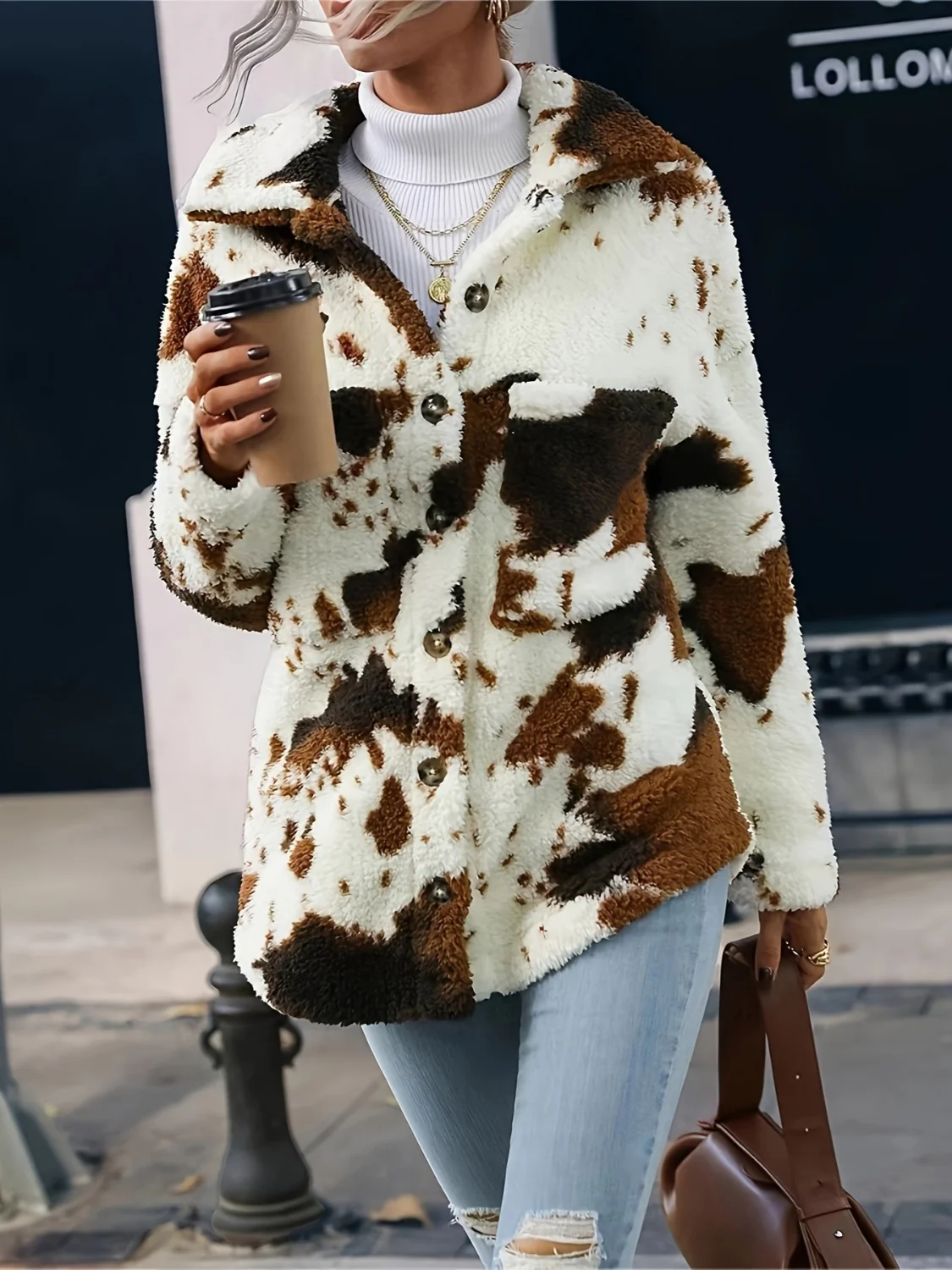 Cow Print Collared Neck Button Up Fuzzy Jacket - Image 8