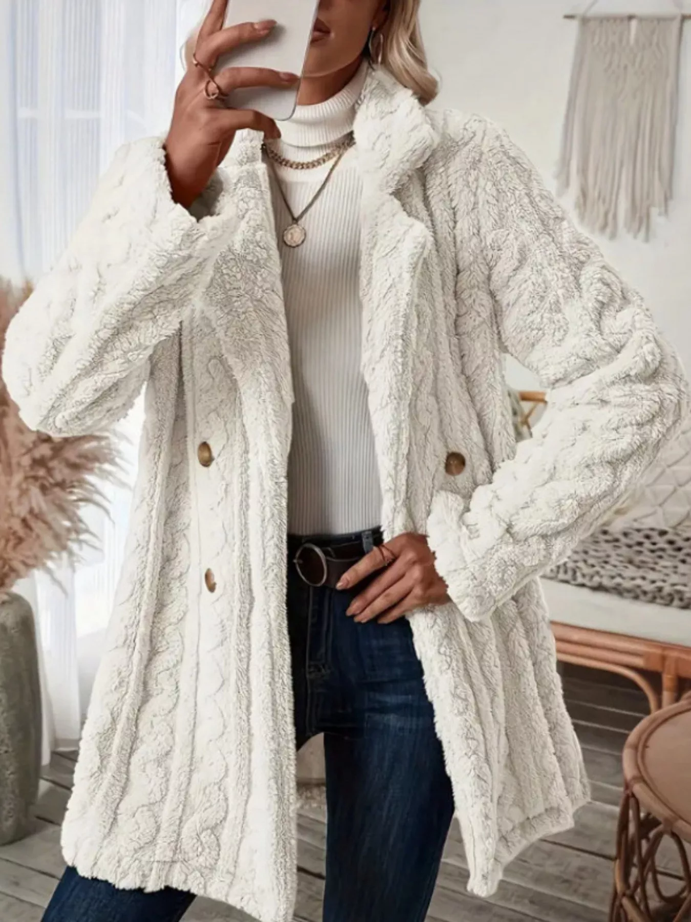 Cozy Faux Shearling Double-Breasted Outerwear - Image 6