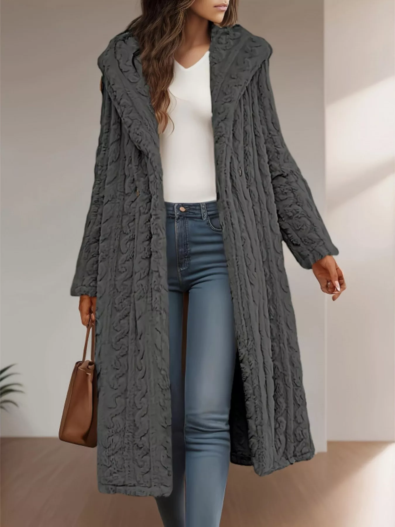 Cozy Hooded Button Up Longline Outerwear - Image 12