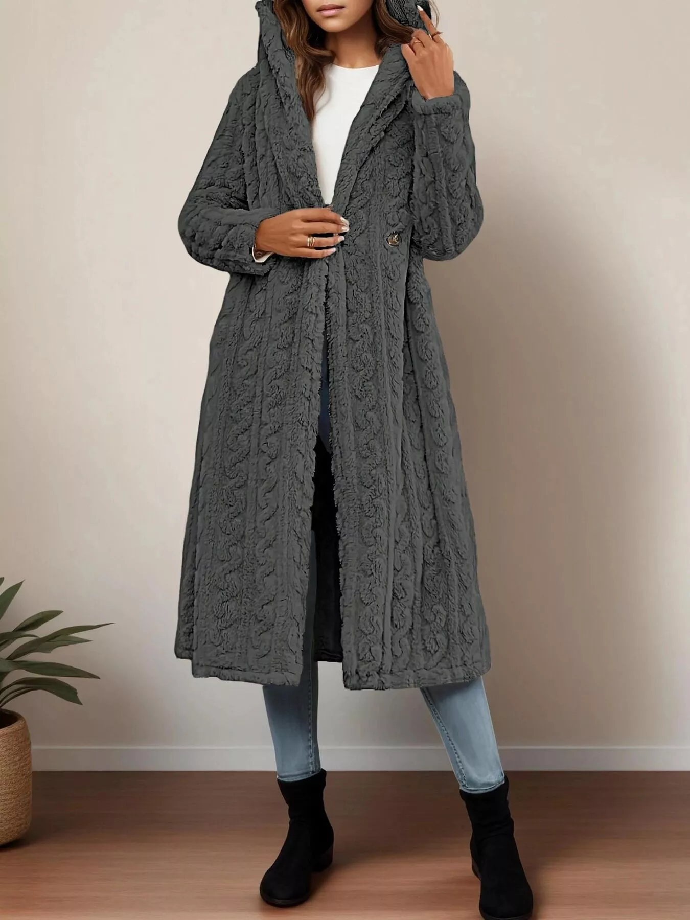 Cozy Hooded Button Up Longline Outerwear - Image 13
