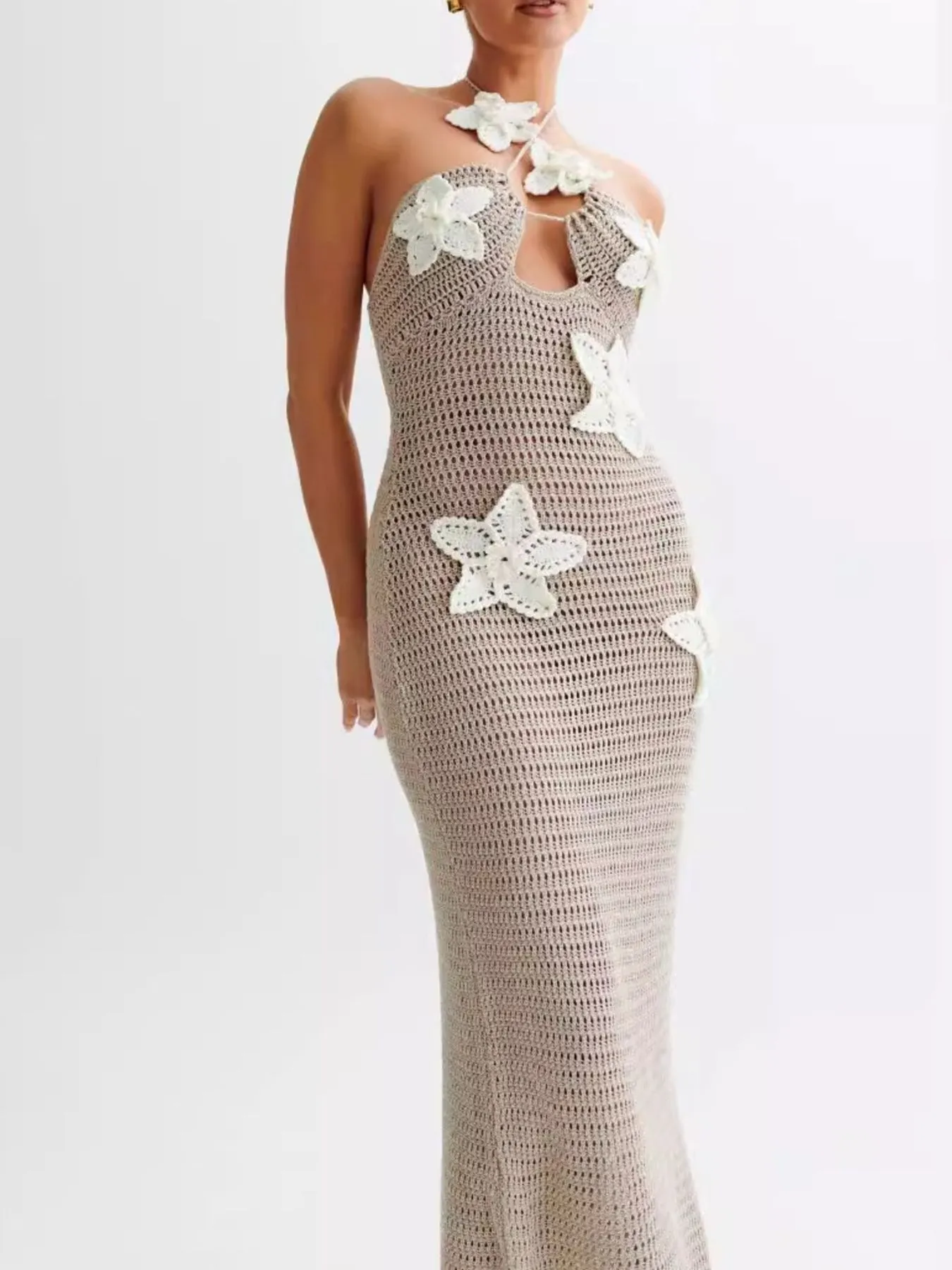 Crochet Floral Halter Knit Cover Up Dress - Image 8