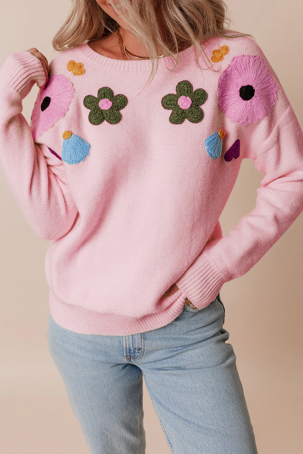 Crochet Flower Round Neck Dropped Shoulder Sweater - Image 10