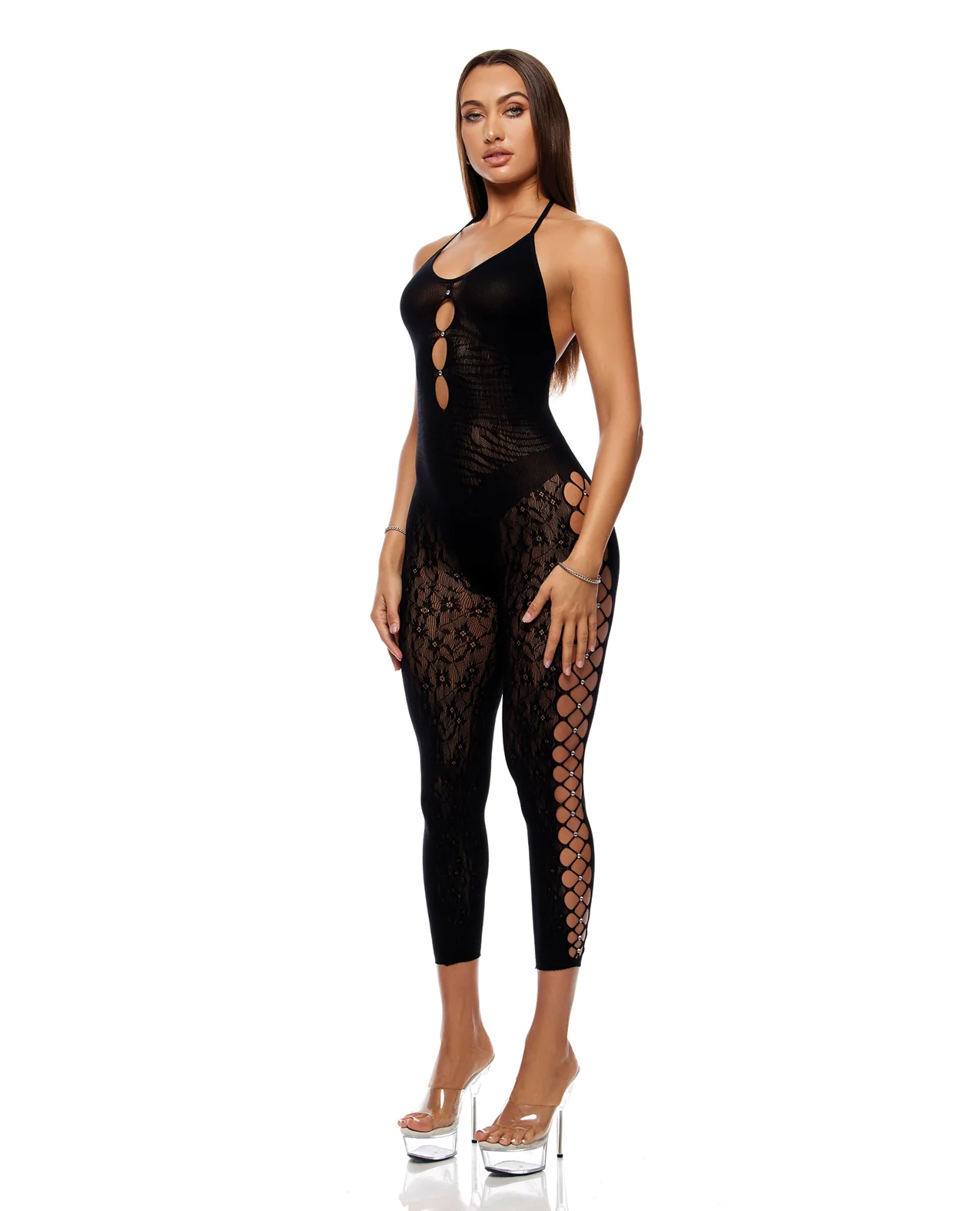Cross Your Mind Capri Floral Knit Bodystocking w/Rhinestone Details - Black O/S - Image 2