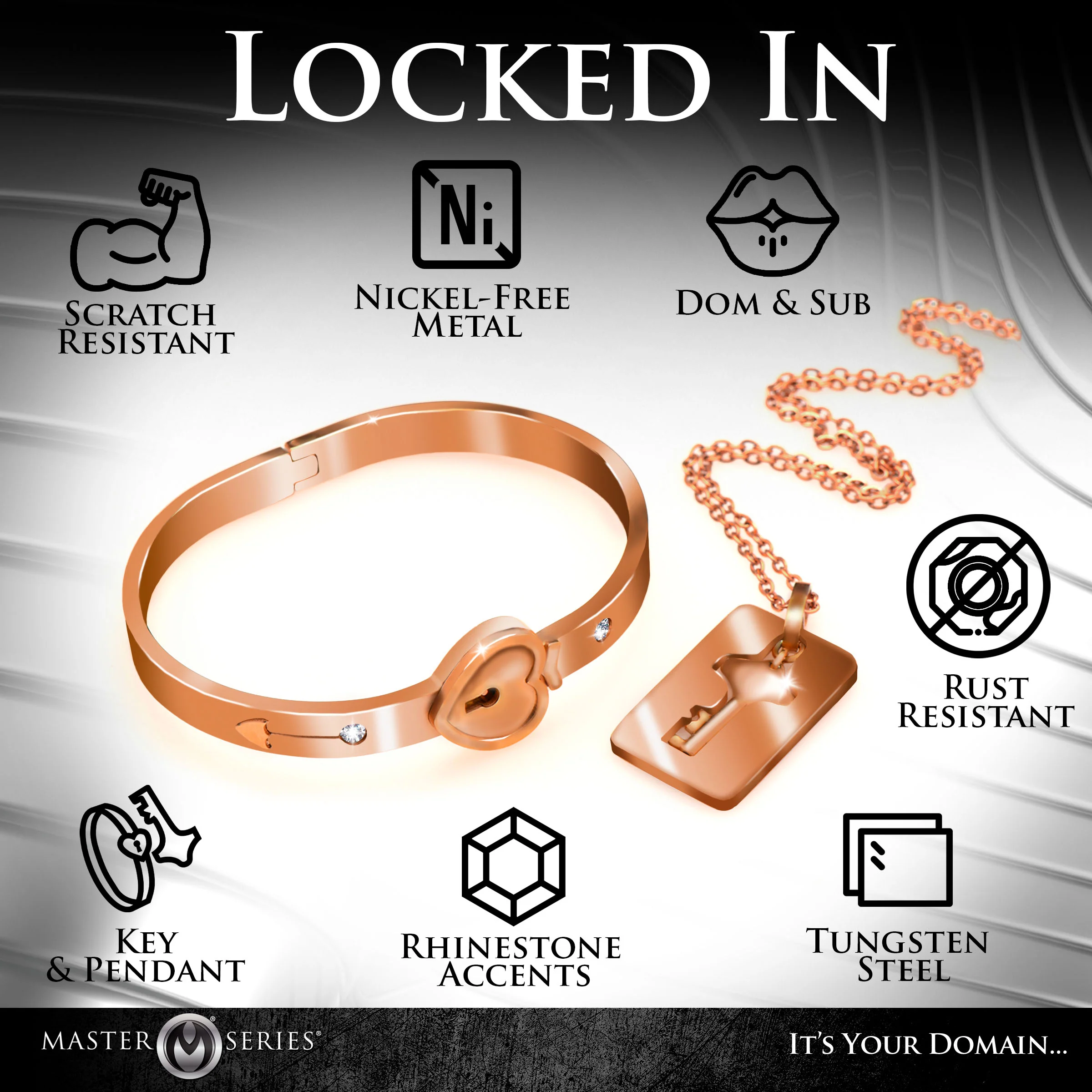 Cuffed Locking Bracelet And Key Necklace - Rose Gold - Image 7