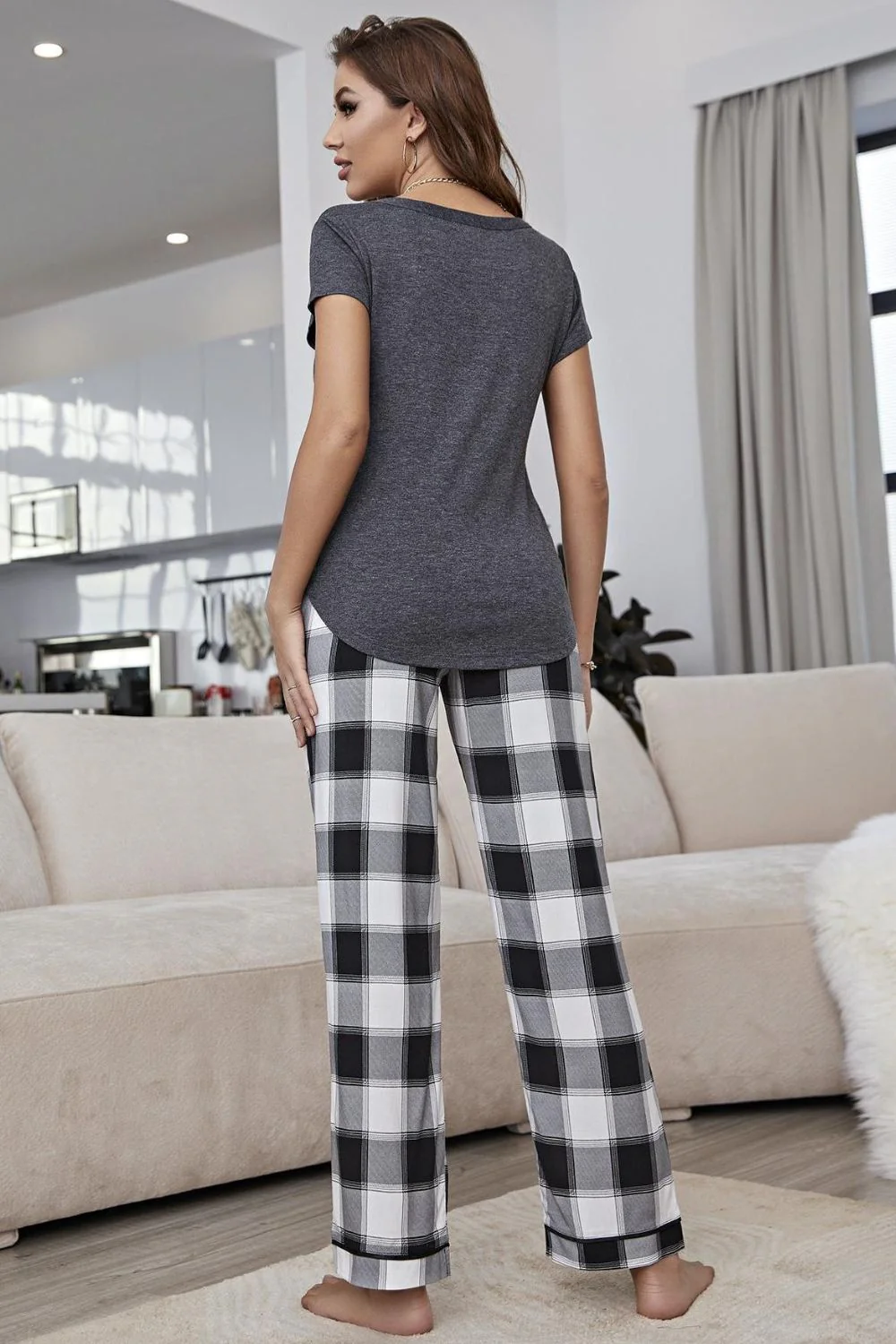 Curved Hem Short Sleeve Top and Plaid Pants Lounge Set - Image 2