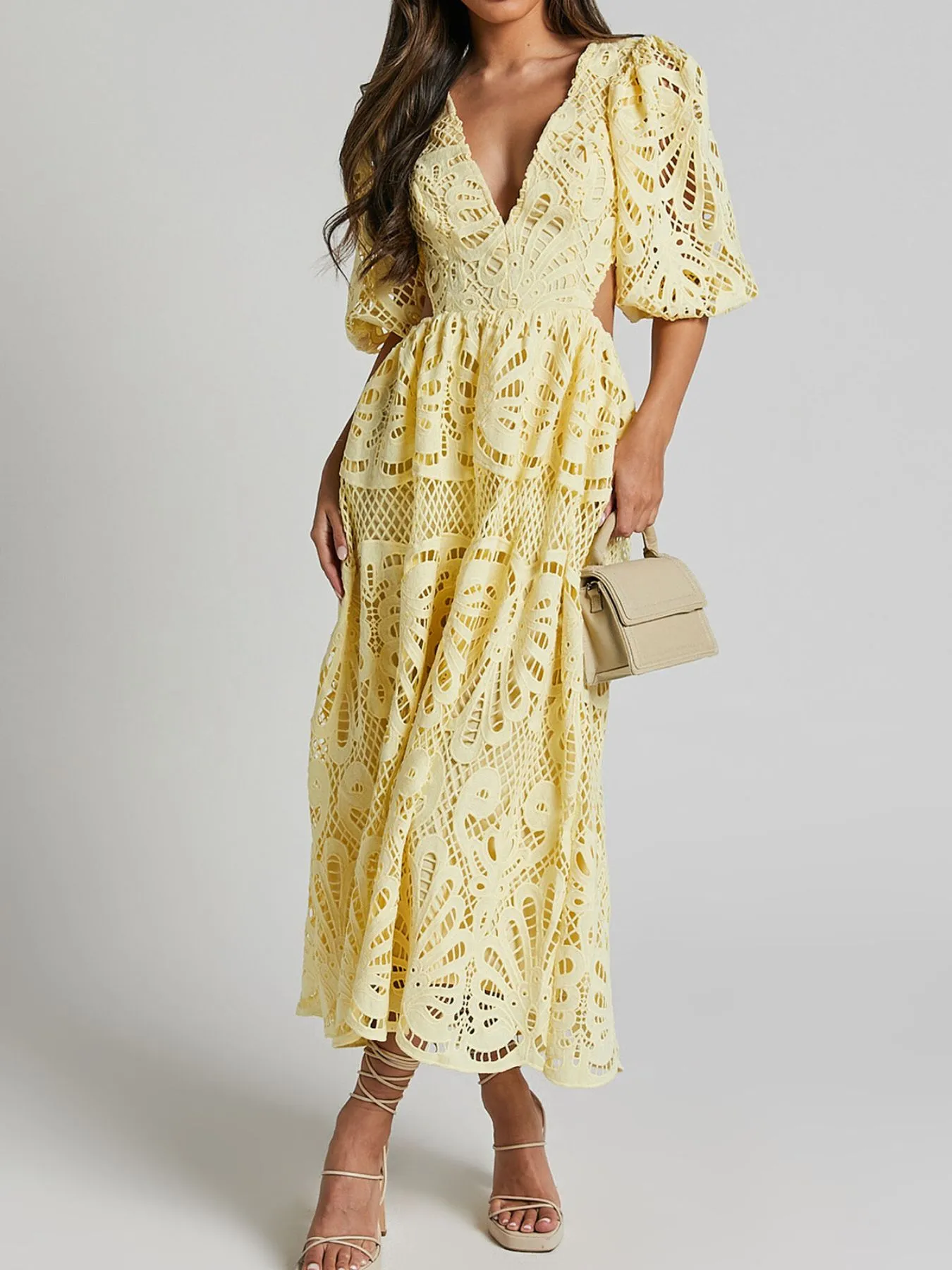 Cutout Back Lace Crochet V-Neck Dress