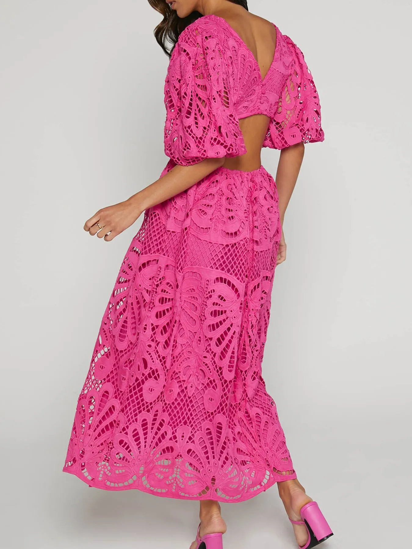 Cutout Back Lace Crochet V-Neck Dress - Image 18