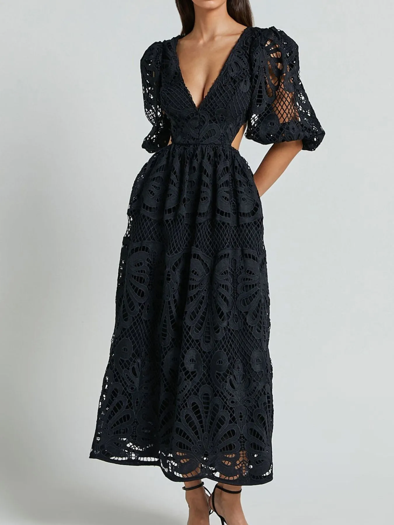 Cutout Back Lace Crochet V-Neck Dress - Image 20