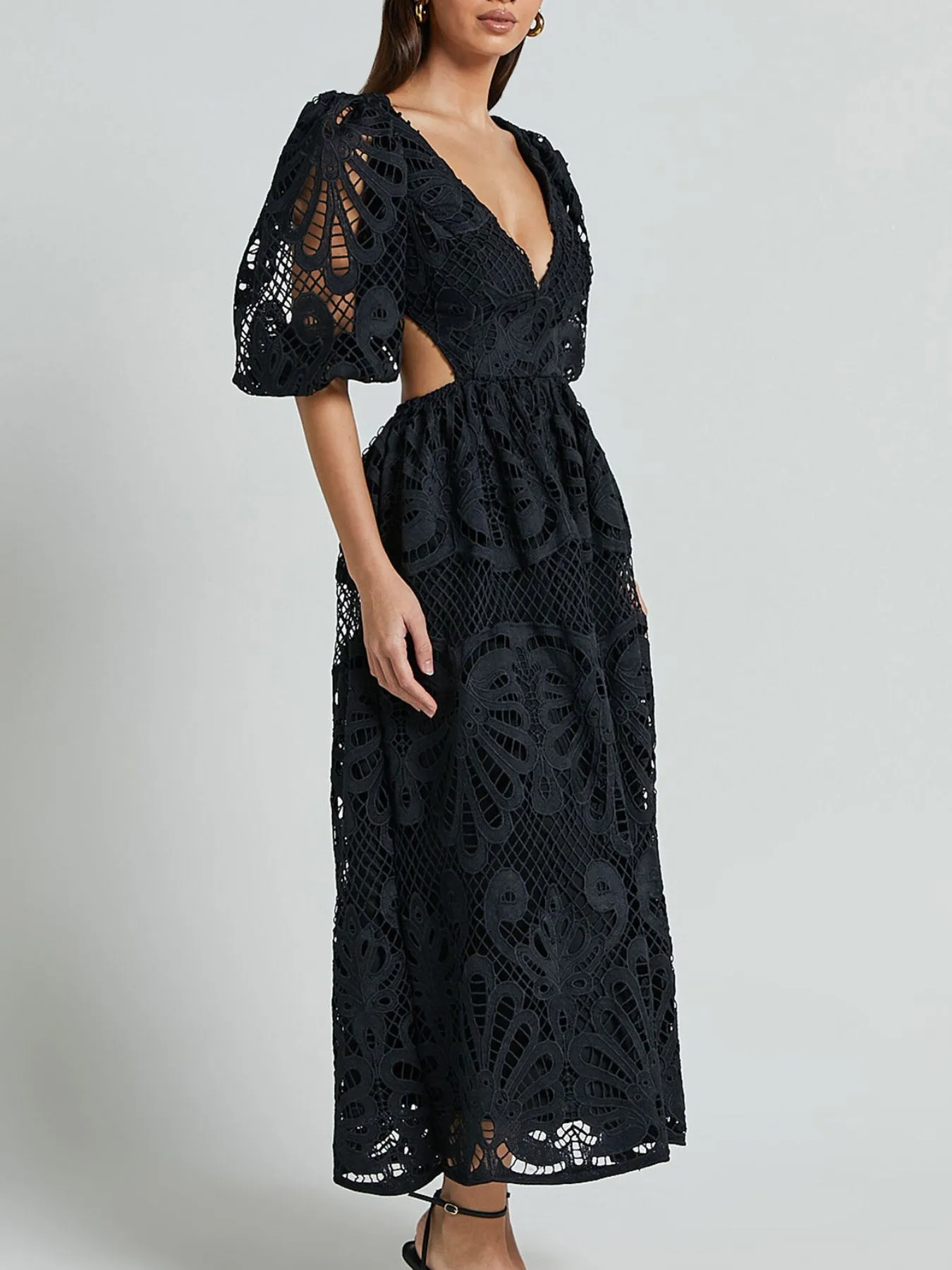 Cutout Back Lace Crochet V-Neck Dress - Image 21