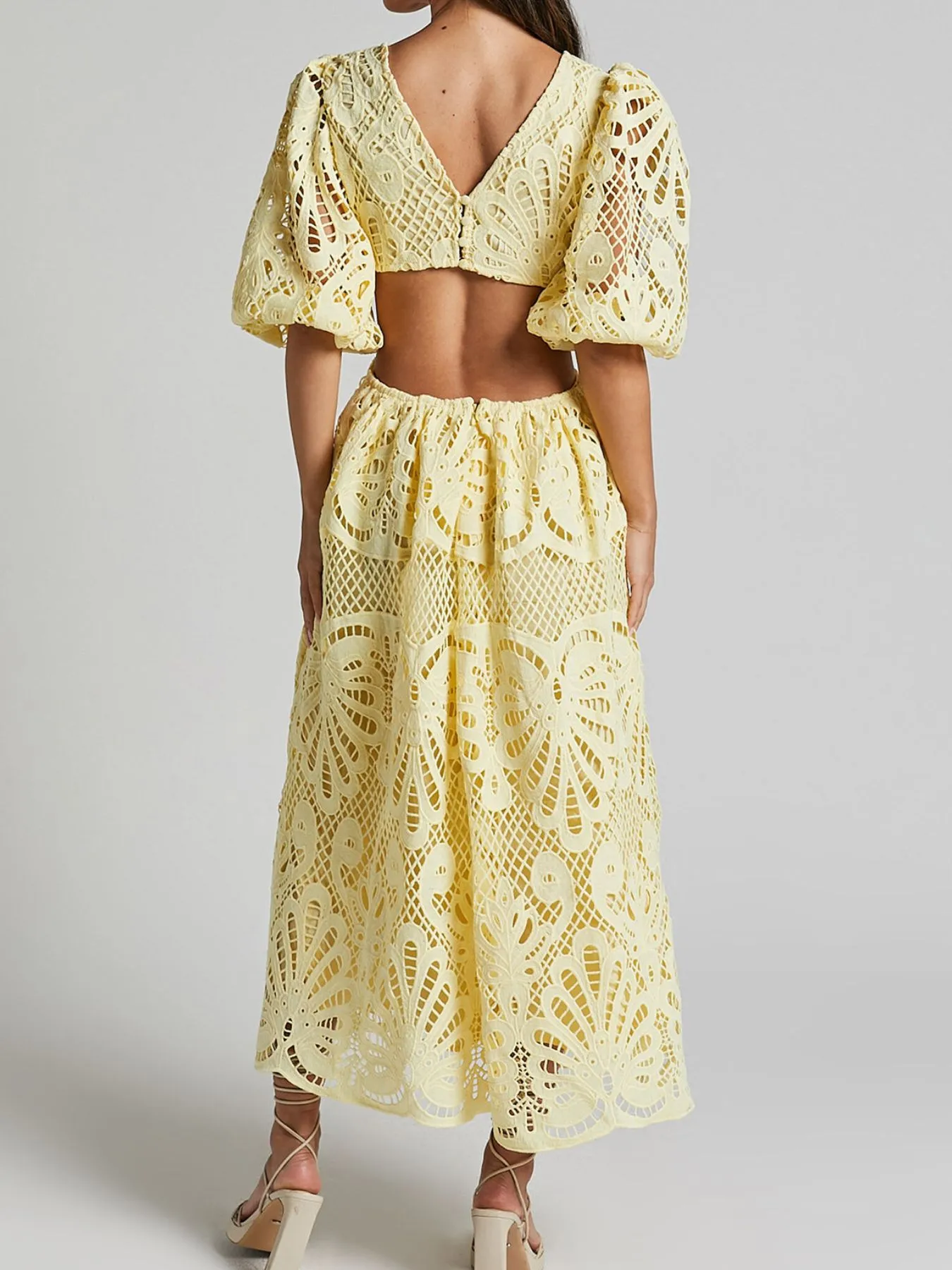 Cutout Back Lace Crochet V-Neck Dress - Image 4