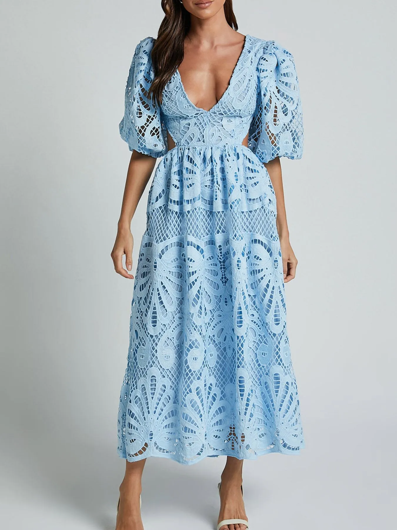 Cutout Back Lace Crochet V-Neck Dress - Image 6
