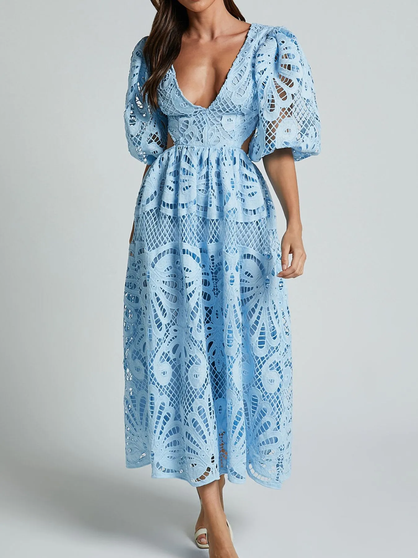 Cutout Back Lace Crochet V-Neck Dress - Image 7