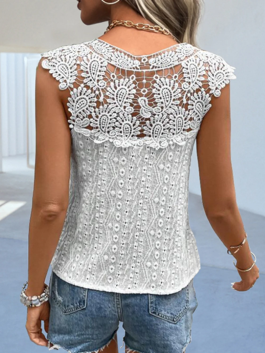 Cutout Lace Detail Notched Blouse - Image 6