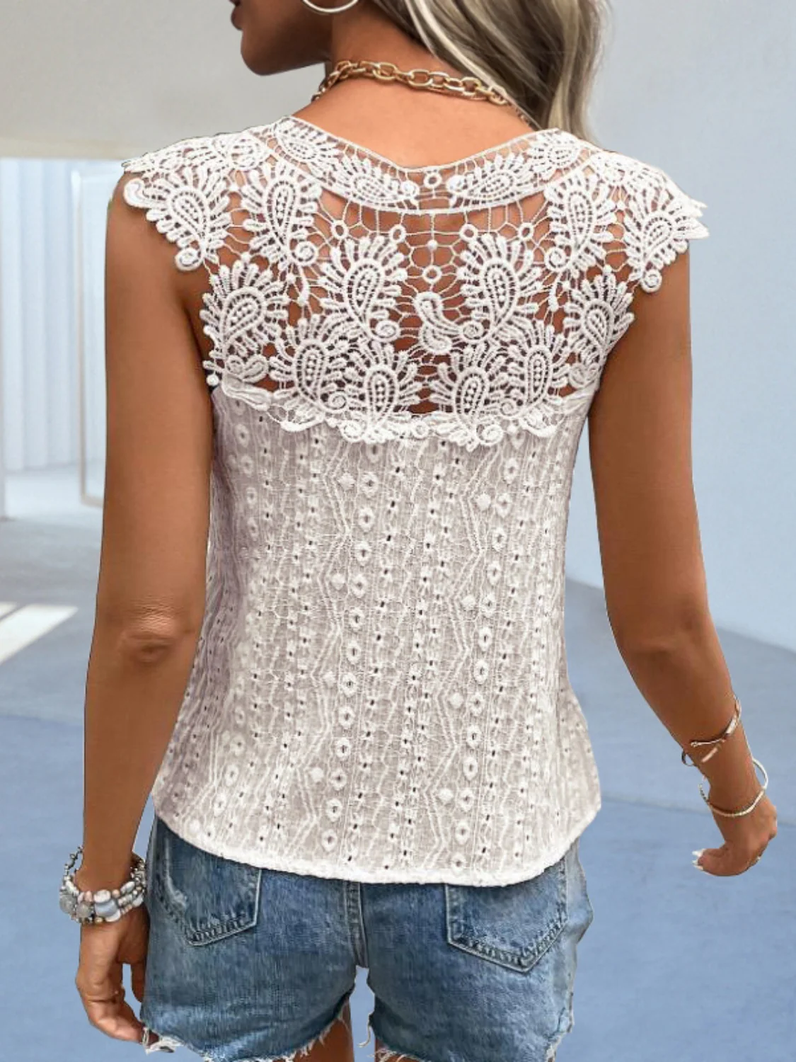 Cutout Lace Detail Notched Blouse - Image 8