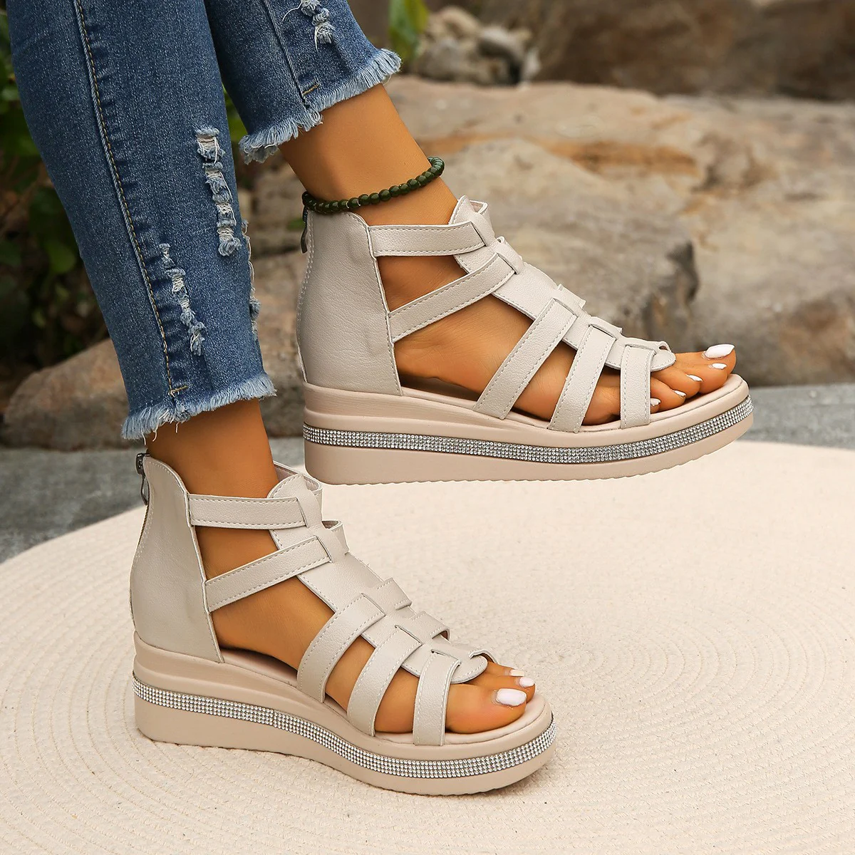 Cutout Rhinestone Trim Wedge Sandals - Image 6