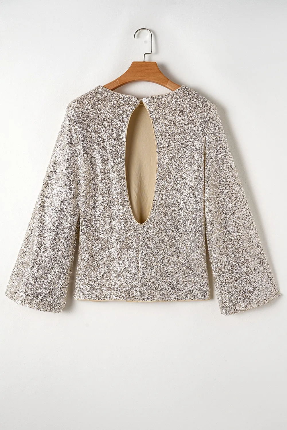 Cutout Sequin Round Neck Long Sleeve Blouse - Image 6