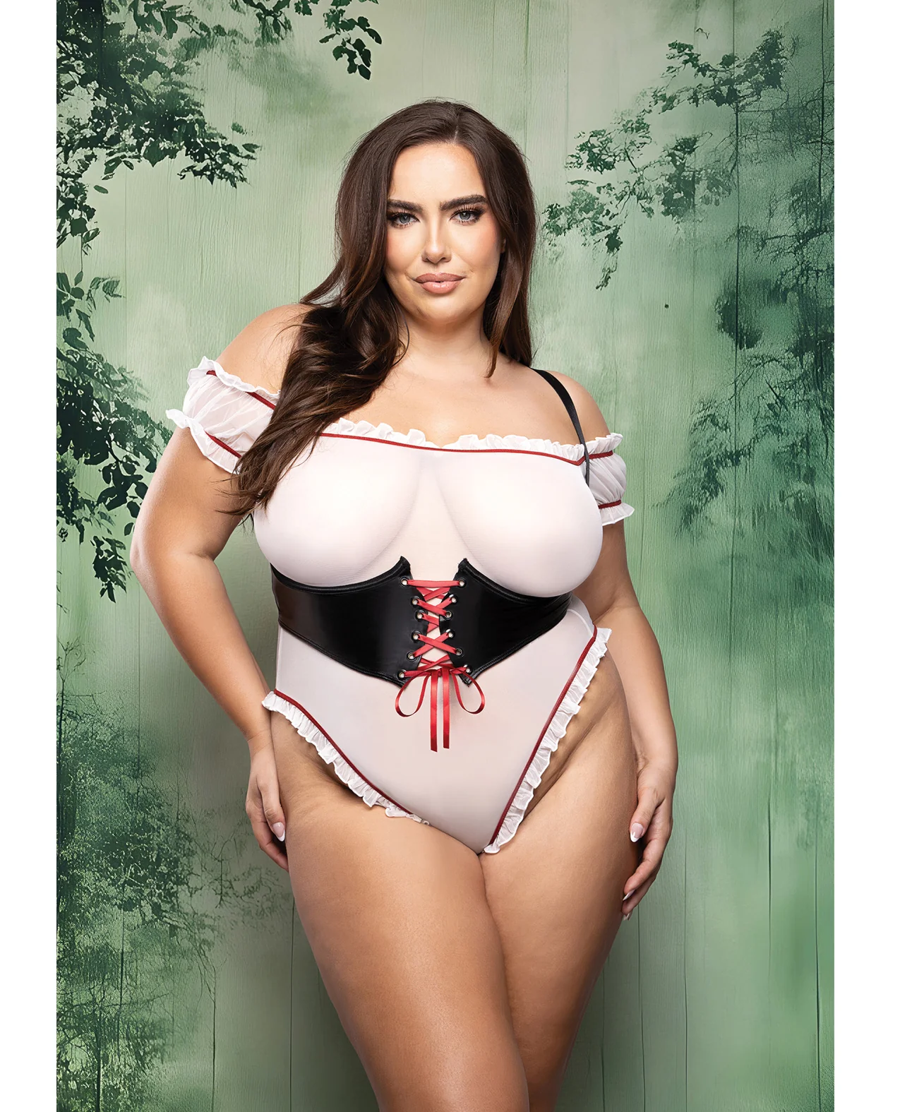 Dangerous Darling Sheer Mesh Ruffle Teddy w/Waist Cincher & Hooded Cape 3 pc Set - Black/White 1X/2X - Image 2
